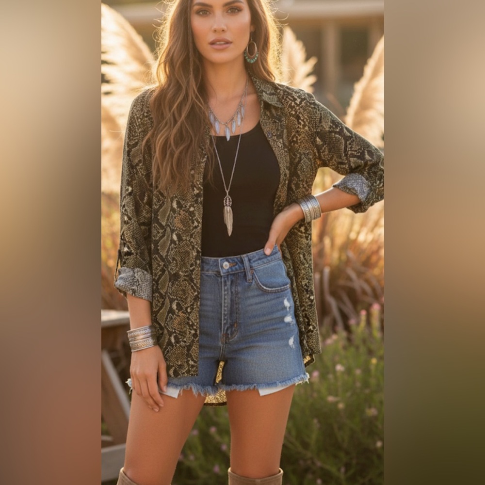 Rebecca malone womens sz small button up shirt green/black snake print bohemian